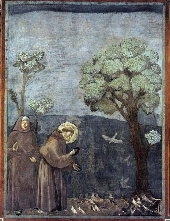 A painting of St. Francis Preaching to the Birds, by Giotto, at the Basilica of Saint Francis of Assisi, Assisi